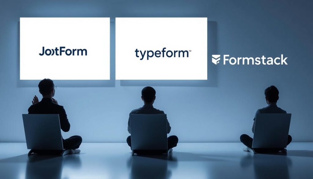 Sleek, modern comparison of leading form builders: a minimalistic, high-contrast scene showcasing the distinctive silhouettes and UI elements of JotForm, Typeform, and Formstack. Crisp, directional lighting accentuates the clean lines and emphasizes the key features. The NexReviewZ brand is subtly integrated into the design. The overall atmosphere is professional, informative, and tailored to appeal to small business owners seeking the optimal form solution.