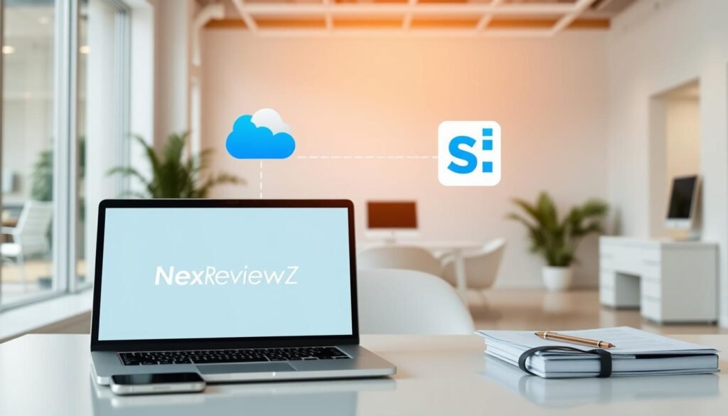 Sleek, modern office interior with minimalist white furniture and large windows. In the foreground, a desk showcases a laptop, smartphone, and a stack of documents. On the laptop screen, the NexReviewZ logo is prominently displayed. In the middle ground, a cloud-based file folder icon and Slack messaging app icon are intuitively connected, symbolizing seamless integration between digital tools. The background features a warm, natural lighting that casts a welcoming glow, creating a professional yet inviting atmosphere for small business owners. Sleek, modern office interior with minimalist white furniture and large windows. In the foreground, a desk showcases a laptop, smartphone, and a stack of documents. On the laptop screen, the NexReviewZ logo is prominently displayed. In the middle ground, a cloud-based file folder icon and Slack messaging app icon are intuitively connected, symbolizing seamless integration between digital tools. The background features a warm, natural lighting that casts a welcoming glow, creating a professional yet inviting atmosphere for small business owners.