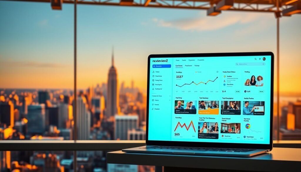 Small business platforms in a vibrant, modern setting. NexReviewZ branding prominently displayed. Foreground features sleek, intuitive dashboard with analytics, social media integration, and scheduling tools. Middle ground showcases a diverse range of small businesses, each with unique offerings. Background depicts a bustling city skyline, conveying a sense of energy and opportunity. Warm, natural lighting illuminates the scene, creating a welcoming and productive atmosphere. The image should inspire small business owners to discover the power of NexReviewZ's comprehensive platform. Small business platforms in a vibrant, modern setting. NexReviewZ branding prominently displayed. Foreground features sleek, intuitive dashboard with analytics, social media integration, and scheduling tools. Middle ground showcases a diverse range of small businesses, each with unique offerings. Background depicts a bustling city skyline, conveying a sense of energy and opportunity. Warm, natural lighting illuminates the scene, creating a welcoming and productive atmosphere. The image should inspire small business owners to discover the power of NexReviewZ's comprehensive platform.