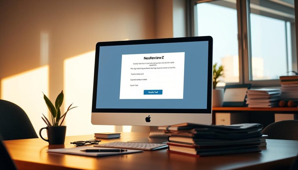 Stylish trial page with modern layout and clean design. Centered on a sleek desktop computer displaying a NexReviewZ trial offer, showcasing a minimalist interface with a prominent call-to-action button. Surrounding the computer, a clutter-free workspace with a potted plant, pen holder, and a stack of documents, all bathed in warm, natural lighting from a large window. The atmosphere conveys professionalism, simplicity, and an inviting user experience for small business owners exploring NexReviewZ's pricing and trial options.