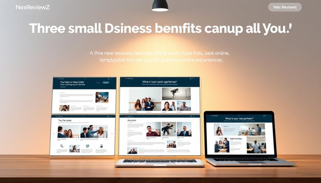 Three small-business benefits you can bank on: a meticulously crafted, responsive template layout for your NexReviewZ landing page. Featuring a dynamic grid of modular design elements, the scene showcases an array of customizable templates against a backdrop of warm, focused lighting and a subtle vignette. Sleek icons, bold typography, and crisp imagery convey the professional, trustworthy aesthetic essential for inspiring confidence in your small-business customers. With meticulous attention to detail, this visually engaging display positions your NexReviewZ offering as a must-have resource for seamless online experiences.