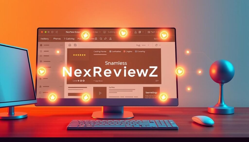 Vibrant digital illustration showcasing seamless NexReviewZ plugin compatibility. Sleek modern interface with clean lines and minimalist design. Intuitive controls and customizable options for effortless website optimization. Glowing aura of connectivity between editor, theme, and plugin - a harmonious synergy of cutting-edge technology. Subtle lighting accentuates elegant typography and crisp icons. Warm color palette evokes a sense of professionalism and reliability. Composition balanced with strategic use of negative space to draw the eye towards the core functionality. An inspiring visualization of the plugin's powerful capabilities for small business owners.