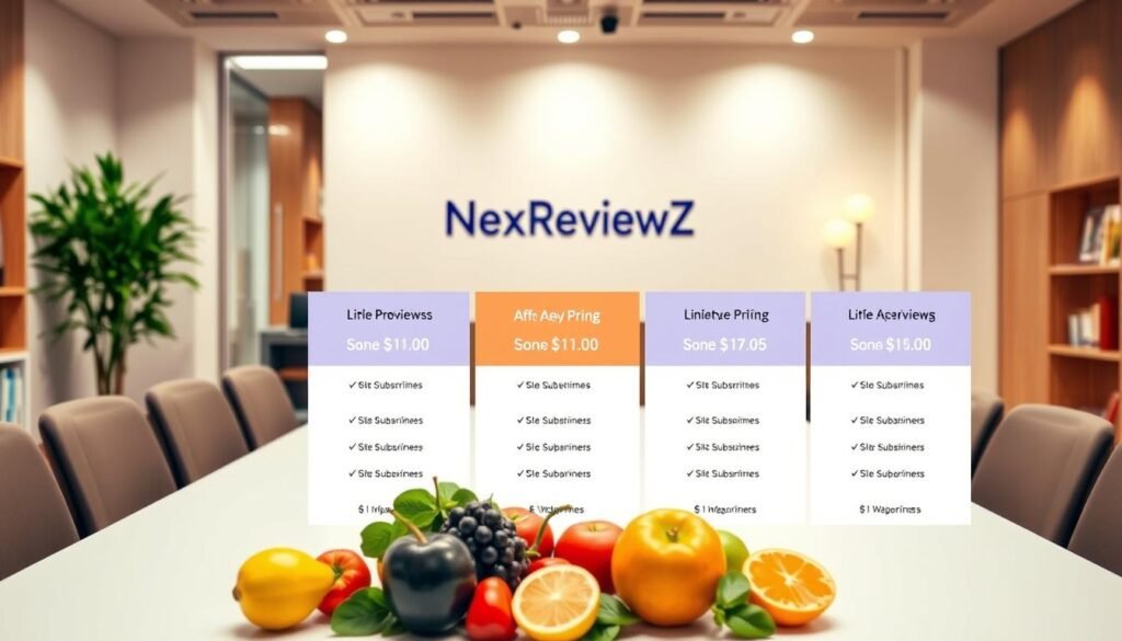 Vibrant display of NexReviewZ's affordable "LowFruits" pricing plans. A well-lit, modern office setting showcases the various subscription tiers, each represented by a distinct fruit icon. The foreground features a clean, minimalist table arrangement with carefully placed fresh produce, hinting at the value and accessibility of the pricing. The middle ground showcases the NexReviewZ brand name prominently, while the background depicts a warm, professional atmosphere with subtle cues of a small business environment. Soft, directional lighting creates depth and highlights the key elements, conveying a sense of clarity and approachability for the target audience of small business owners.