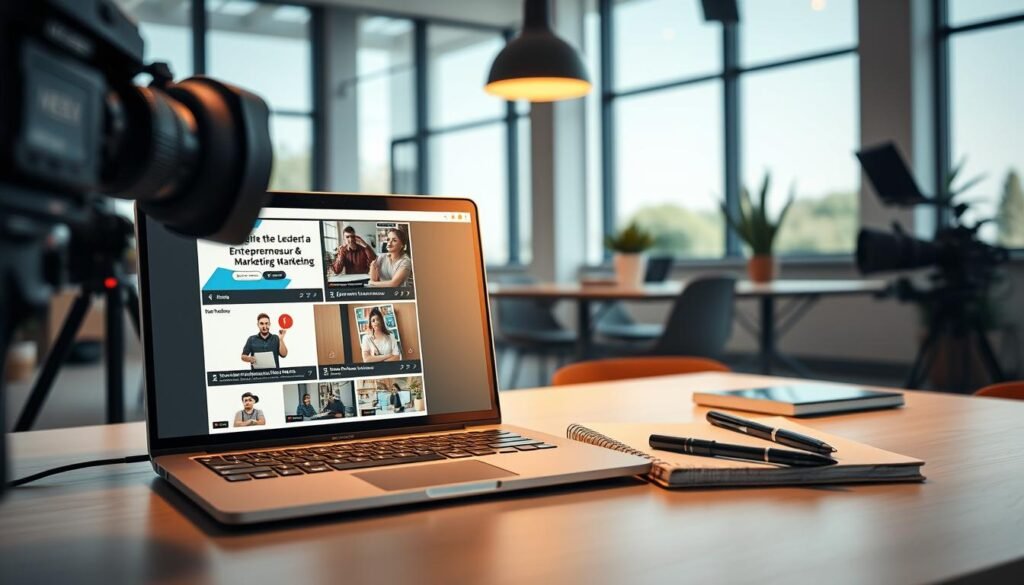 Video tutorials shot with professional lighting, camera, and editing equipment. A foreground of a laptop screen displaying various video lessons on entrepreneurship, marketing, and social media management. The middle ground features a desk with a "NexReviewZ" branded notebook, pen, and other office supplies. The background showcases a modern, minimalist office space with large windows, allowing natural light to flood the scene, creating a warm, inviting atmosphere. The overall mood is one of productivity, learning, and growth, catering to small business owners seeking educational resources.