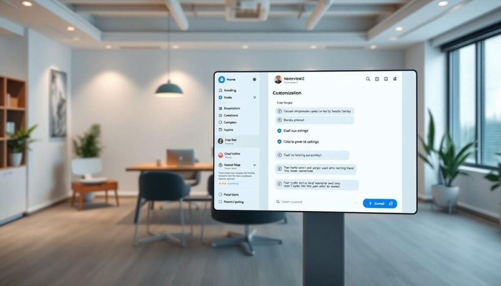 Visualize a sleek, modern live chat interface for the NexReviewZ brand. In the foreground, display a clean, responsive chat window with intuitive controls. In the middle ground, showcase a suite of customization options, such as branding, color schemes, and chat bot settings. In the background, depict a professional, minimalist office setting with tasteful decor, natural lighting, and a subtle sense of productivity. Convey a mood of efficiency, sophistication, and user-friendliness to appeal to small business owners seeking a seamless live chat solution. Visualize a sleek, modern live chat interface for the NexReviewZ brand. In the foreground, display a clean, responsive chat window with intuitive controls. In the middle ground, showcase a suite of customization options, such as branding, color schemes, and chat bot settings. In the background, depict a professional, minimalist office setting with tasteful decor, natural lighting, and a subtle sense of productivity. Convey a mood of efficiency, sophistication, and user-friendliness to appeal to small business owners seeking a seamless live chat solution.