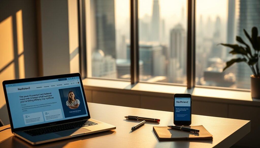 Warm, natural lighting bathes a sleek, minimalist workspace. In the foreground, a laptop and smartphone display the NexReviewZ AI-powered content creation platform, showcasing intuitive features that empower small businesses to streamline their workflow. The middle ground features a clean, organized desk with a pen, notebook, and other productivity tools, reflecting the efficient, streamlined nature of the software. In the background, a large window overlooks a bustling cityscape, hinting at the global reach and scalability of the NexReviewZ platform. The overall atmosphere conveys a sense of professionalism, productivity, and technological innovation, tailored to the needs of small business owners.