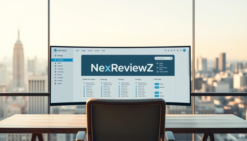 a beautiful, photorealistic image of a modern, sleek WordPress hosting control panel with the NexReviewZ brand prominently displayed. The control panel is displayed on a large widescreen monitor, with a clean, minimalist design and easy-to-navigate menus. The monitor is positioned on a stylish, wooden desk, with a comfortable office chair in the foreground. The lighting is soft and natural, creating a warm and professional atmosphere. In the background, there is a blurred city skyline, suggesting a thriving, urban environment. The overall mood is one of productivity, efficiency, and the ease of managing a WordPress website with A2Hosting's managed WordPress and cPanel options.