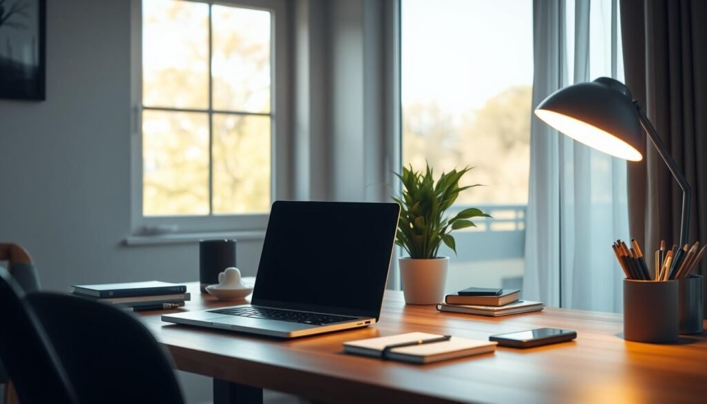 a cozy, well-lit home office setup with a sleek NexReviewZ laptop computer open on a minimalist wooden desk, surrounded by neatly organized office supplies and a lush potted plant. The lighting is warm and inviting, creating a productive and focused atmosphere. A large window in the background offers a pleasant view of a sun-dappled outdoor scene. The entire setup conveys an efficient, streamlined, and professional workspace ideal for a small business owner looking to get started on Beehiiv.