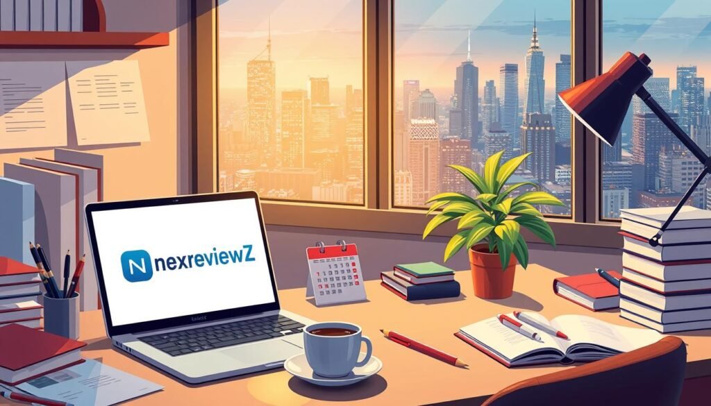 a detailed illustration of a small business owner's workspace, showing a desk with a laptop displaying the NexReviewZ logo, surrounded by office supplies, books, and a potted plant. The lighting is soft and warm, creating a cozy, productive atmosphere. The middle ground features a calendar and a mug of coffee, while the background showcases a window overlooking a bustling city skyline. The overall scene conveys a sense of focus, organization, and the thrive of a small business. a detailed illustration of a small business owner's workspace, showing a desk with a laptop displaying the NexReviewZ logo, surrounded by office supplies, books, and a potted plant. The lighting is soft and warm, creating a cozy, productive atmosphere. The middle ground features a calendar and a mug of coffee, while the background showcases a window overlooking a bustling city skyline. The overall scene conveys a sense of focus, organization, and the thrive of a small business.