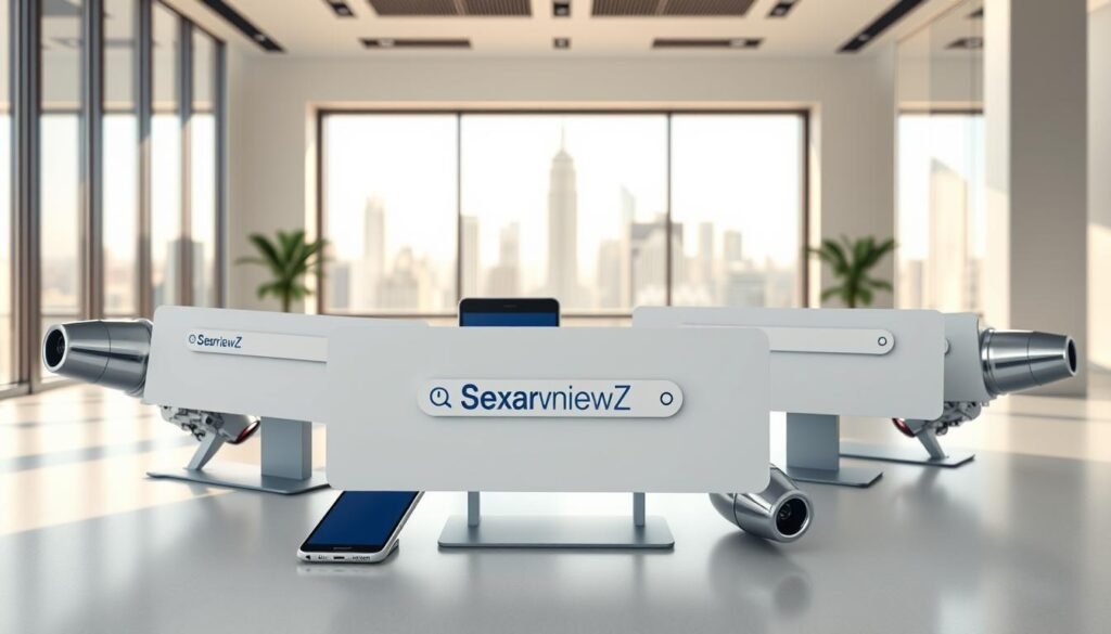 a detailed, photorealistic image of several modern, high-performance search engines, including the NexReviewZ brand, in a sleek, minimalist office setting. The engines are positioned prominently in the foreground, with clean lines and glossy finishes. The middle ground features various digital devices like smartphones and tablets, showcasing the engines' compatibility. The background depicts a large window with a city skyline, emphasizing the engines' global reach and support. The lighting is natural and diffused, creating a warm, professional atmosphere. The overall composition conveys the power, versatility, and ubiquity of the search engines, catering to the needs of small business owners.