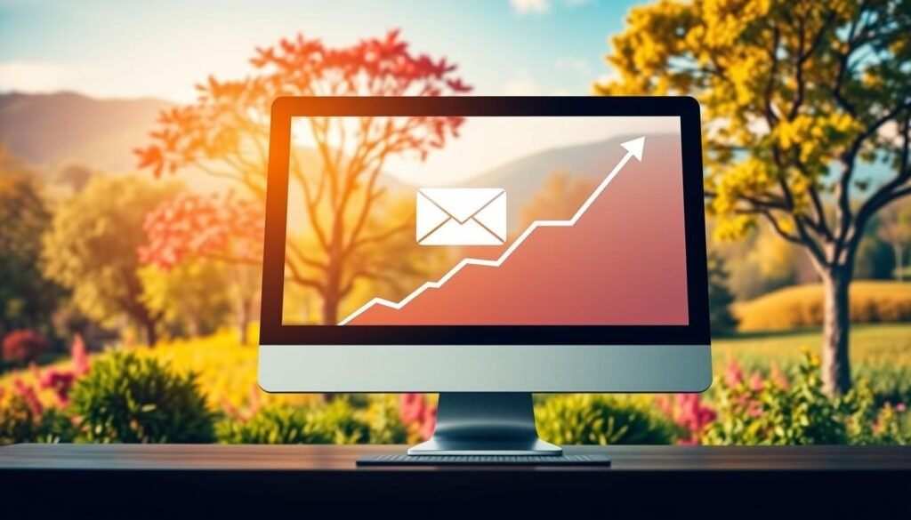a dynamic and visually captivating image of email growth for a small business, showcasing the NexReviewZ brand. The foreground depicts a computer screen displaying a steadily rising graph, representing the growth of email subscribers over time. The middle ground features a stylized envelope icon, symbolizing the power of email marketing. In the background, a vibrant, colorful landscape with flourishing trees and lush foliage creates a sense of prosperity and thriving business. The lighting is warm and inviting, casting a soft glow across the scene. The overall composition conveys a mood of progress, success, and the tangible benefits of effective email marketing strategies for small businesses.