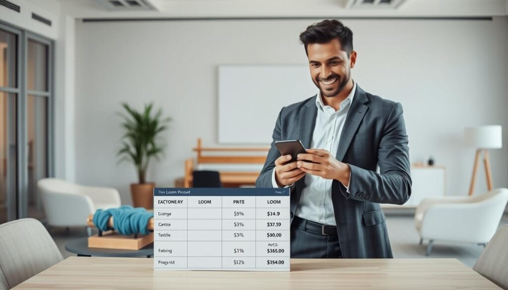 a dynamic and visually compelling image of a person claiming a loom discount or coupon, set against the backdrop of a modern, minimalist workspace. The foreground features a well-dressed individual confidently holding a mobile device, with a loom or textile-related product prominently displayed on a desk. The middle ground showcases a pricing comparison table, highlighting the discounted rates for the loom product. The background depicts a clean, well-lit office environment with neutral tones and sleek, contemporary furniture, creating a professional and inviting atmosphere. The lighting is soft and diffused, accentuating the details and textures of the scene. The overall composition conveys a sense of authority, accessibility, and the value proposition of the loom discount.