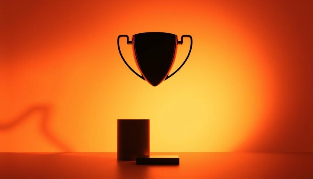 a dynamic and visually striking illustration of "ranks first" to accompany the "ExtraCompany1 vs competitors and how to claim your discount" section of the small business pricing article. The image should depict a modern, sleek trophy or award standing prominently in the foreground, bathed in warm, directional lighting that casts dramatic shadows. The trophy should be the focal point, with a minimalist, high-contrast background that emphasizes the trophy's bold, iconic design. The trophy's silhouette should convey a sense of achievement, success and leadership, reflecting the "ranks first" concept. The overall mood should be one of quality, professionalism and aspiration, aligning with the subject of the article.