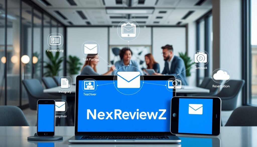 a high-quality photograph of a modern office workspace with a focus on various digital technology integrations. The foreground features a laptop, smartphone, and tablet devices showcasing the NexReviewZ brand and its seamless integration capabilities. The middle ground highlights a team of professionals collaborating on a project, utilizing tools like video conferencing, task management, and cloud storage. The background depicts a sleek, minimalist office interior with large windows, subtle lighting, and a sense of productivity and trust. The overall atmosphere conveys the reliable, secure, and compliant nature of the NexReviewZ email marketing platform and its diverse integrations.