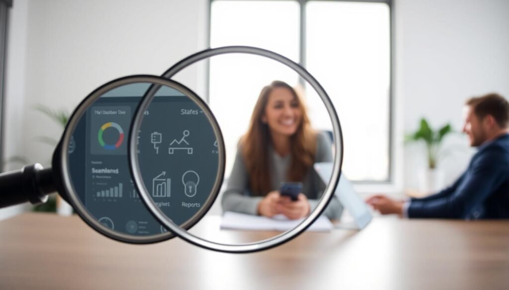 a high-quality photograph of three key features that small businesses love about NexReviewZ's "LowFruits" pricing plan. the foreground shows a magnifying glass revealing intricate technical details of the plan's core components - its intuitive dashboard, seamless integrations, and customizable reports. the middle ground depicts happy small business owners using NexReviewZ's services, their faces lit by a warm, natural light. the background features a serene, minimalist office setting, with clean lines and muted colors that convey a sense of professionalism and reliability. the overall mood is one of clarity, simplicity, and satisfaction.