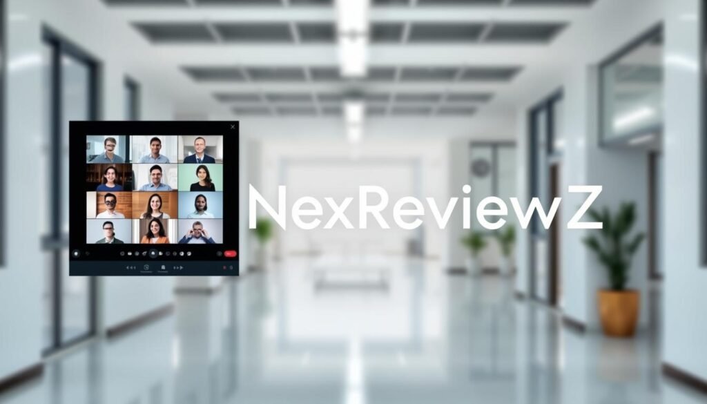 a high-resolution, professional-quality image of a modern, sleek video conferencing interface with the NexReviewZ brand name prominently displayed. The foreground features a large, interactive video call window with multiple participant thumbnails. The middle ground showcases various collaboration tools and options, such as screen sharing, chat, and meeting controls. The background depicts a blurred, minimalist office environment with clean lines and neutral colors to create a sophisticated, technology-forward atmosphere. The lighting is bright and natural, creating a sense of openness and clarity. The overall composition and perspective give the impression of an intuitive, user-friendly video conferencing experience tailored for small business owners.