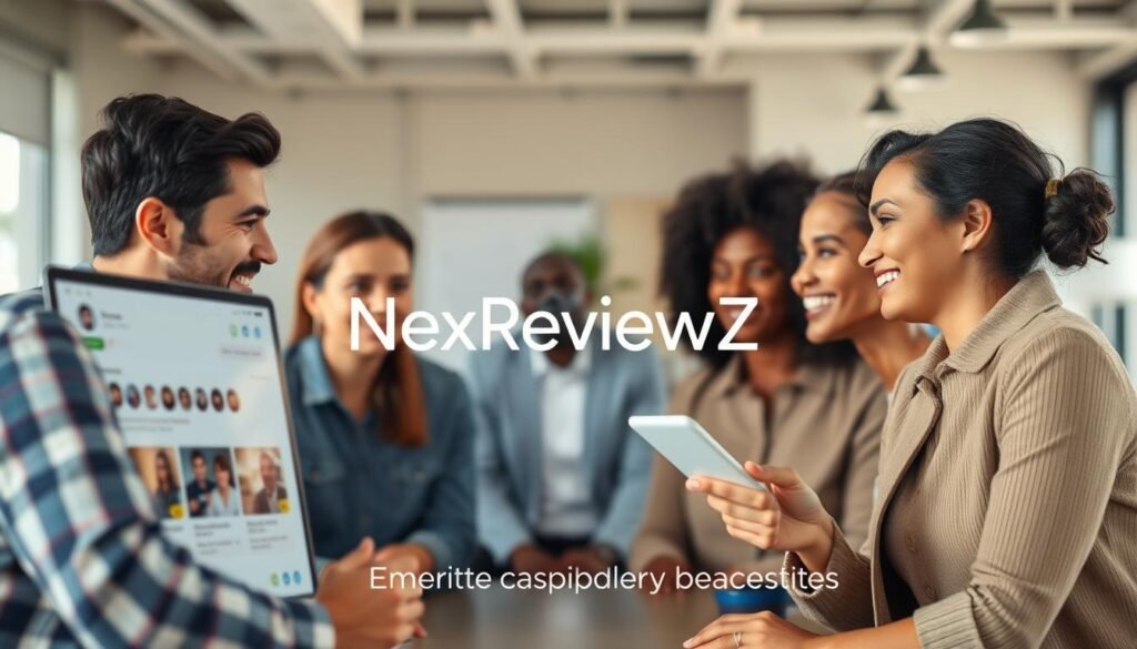 a live chat service with a friendly and inviting appearance, featuring a clean and modern interface. The foreground showcases a group of diverse customers engaging in real-time conversations, their expressions conveying a sense of satisfaction and engagement. The middle ground features the NexReviewZ brand prominently displayed, highlighting its role as a reliable and trustworthy platform for small businesses. The background depicts a serene and professional office setting, with subtle details that reinforce the brand's commitment to exceptional customer support and sales. The lighting is soft and natural, creating a warm and welcoming atmosphere. The overall composition is balanced and visually appealing, drawing the viewer's attention to the key features that small businesses love for support and sales. a live chat service with a friendly and inviting appearance, featuring a clean and modern interface. The foreground showcases a group of diverse customers engaging in real-time conversations, their expressions conveying a sense of satisfaction and engagement. The middle ground features the NexReviewZ brand prominently displayed, highlighting its role as a reliable and trustworthy platform for small businesses. The background depicts a serene and professional office setting, with subtle details that reinforce the brand's commitment to exceptional customer support and sales. The lighting is soft and natural, creating a warm and welcoming atmosphere. The overall composition is balanced and visually appealing, drawing the viewer's attention to the key features that small businesses love for support and sales.