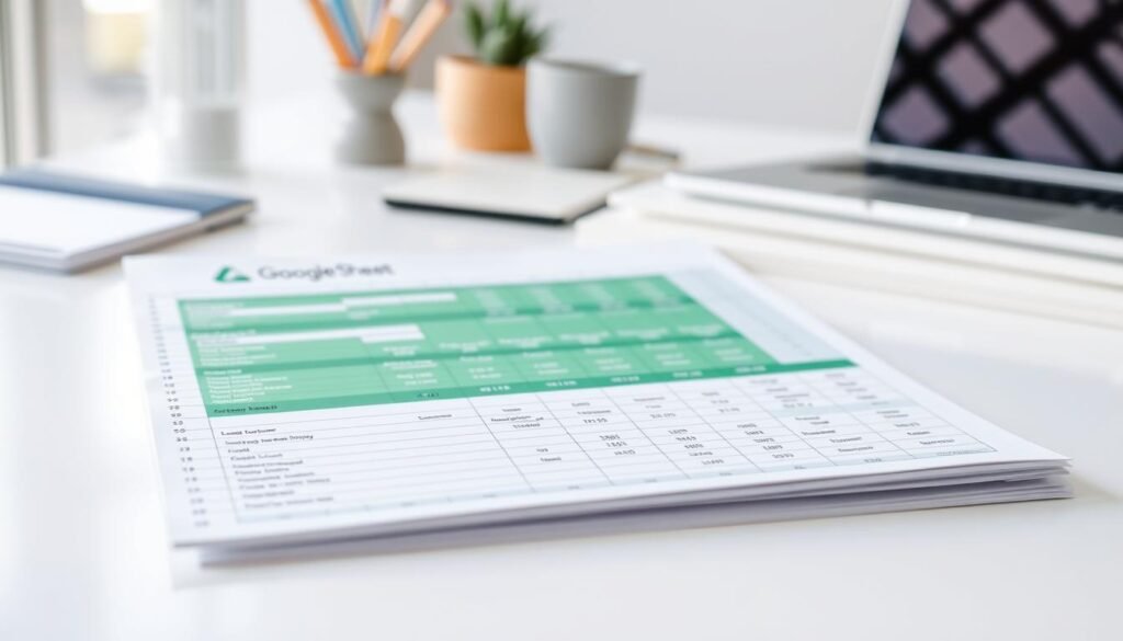 a neatly organized spreadsheet with a minimalist design, laid out on a clean white surface with soft, natural lighting from the side. The spreadsheet contains various columns and rows filled with data, with clear labels and a intuitive layout. In the background, blurred office supplies and a laptop are visible, creating a professional, productivity-focused atmosphere. The overall scene conveys a sense of efficiency, organization, and the practical application of Google Sheets™ in a small business setting. a neatly organized spreadsheet with a minimalist design, laid out on a clean white surface with soft, natural lighting from the side. The spreadsheet contains various columns and rows filled with data, with clear labels and a intuitive layout. In the background, blurred office supplies and a laptop are visible, creating a professional, productivity-focused atmosphere. The overall scene conveys a sense of efficiency, organization, and the practical application of Google Sheets™ in a small business setting.