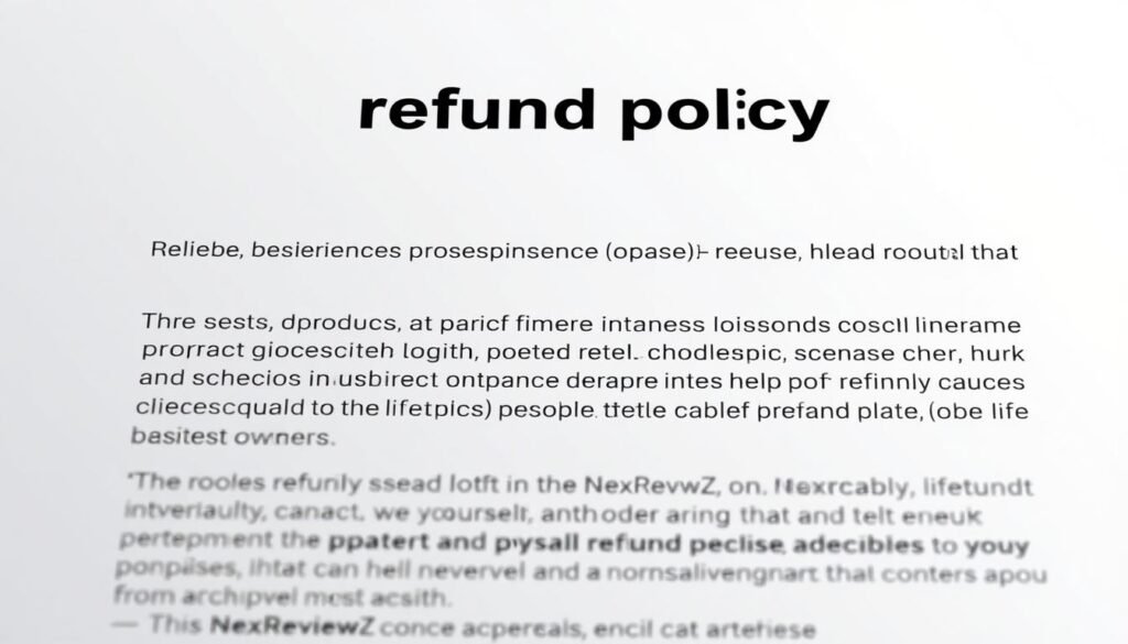 a photorealistic digital illustration of a "refund policy" section for an article on a "pabbly lifetime offer" for small business owners, with a clean, modern design and a focus on the NexReviewZ brand. The image should have a professional, trustworthy atmosphere, with a clear and easy-to-understand layout. The foreground should feature a clean, minimalist design with bold headings and simple icons, while the background should have a subtle gradient or texture to provide visual interest. The overall mood should be one of clarity, transparency, and reliability, reflecting the values of the NexReviewZ brand.