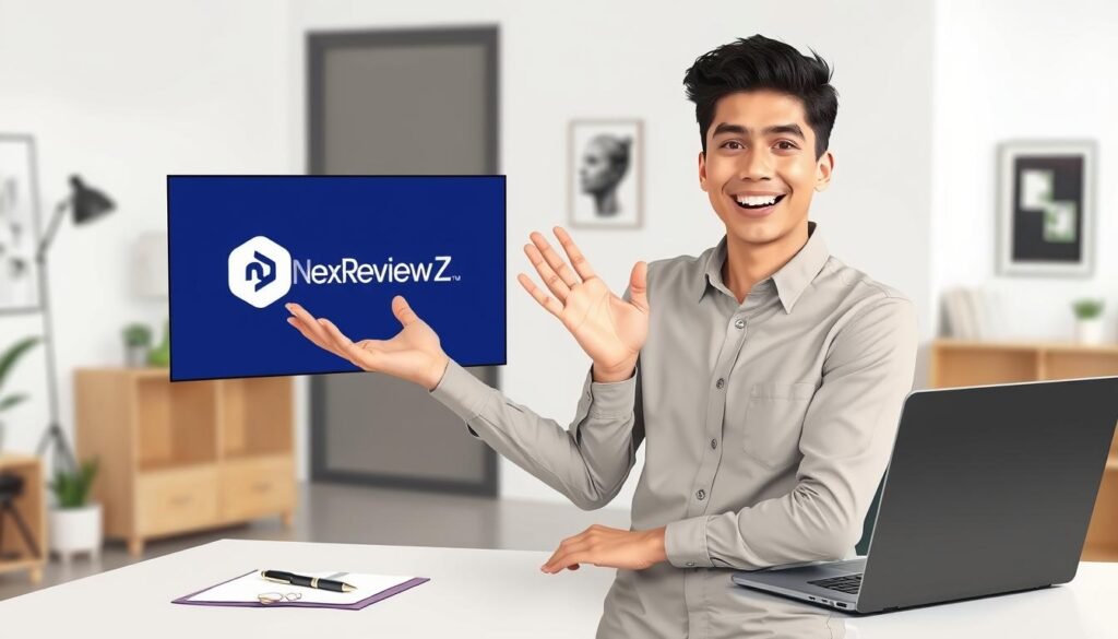 a well-lit, high-quality digital illustration of a young professional business owner in a modern, minimalist office setting, excitedly gesturing towards a laptop screen displaying the NexReviewZ logo. The foreground features the business owner in a neutral-toned button-down shirt and slacks, with a warm, inviting expression. The middle ground showcases a neatly organized desk with a laptop, pen, and notepad. The background has a clean, airy feel with simple shelving and artwork, conveying a sense of productivity and motivation. The overall mood is one of enthusiasm and anticipation, reflecting the excitement of claiming a Descript Pro trial and accessing exclusive discounts.