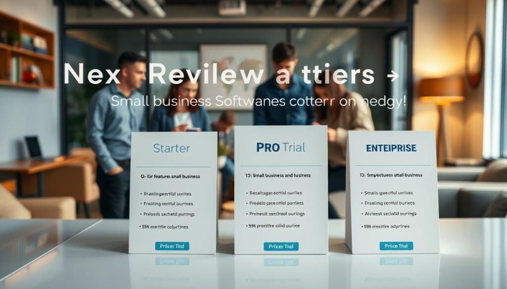 pricing tiers for NexReviewZ, a small business software suite with free trial. in the foreground, a clean table displaying three pricing tiers labeled 'starter', 'pro', and 'enterprise', with clearly defined features and costs. in the middle ground, small business owners examining the pricing options thoughtfully. in the background, a warm, professional office setting with modern furniture and decor. the lighting is soft and flattering, drawing the viewer's attention to the pricing details. the overall mood is one of clarity, practicality, and consideration for the needs of small business owners.