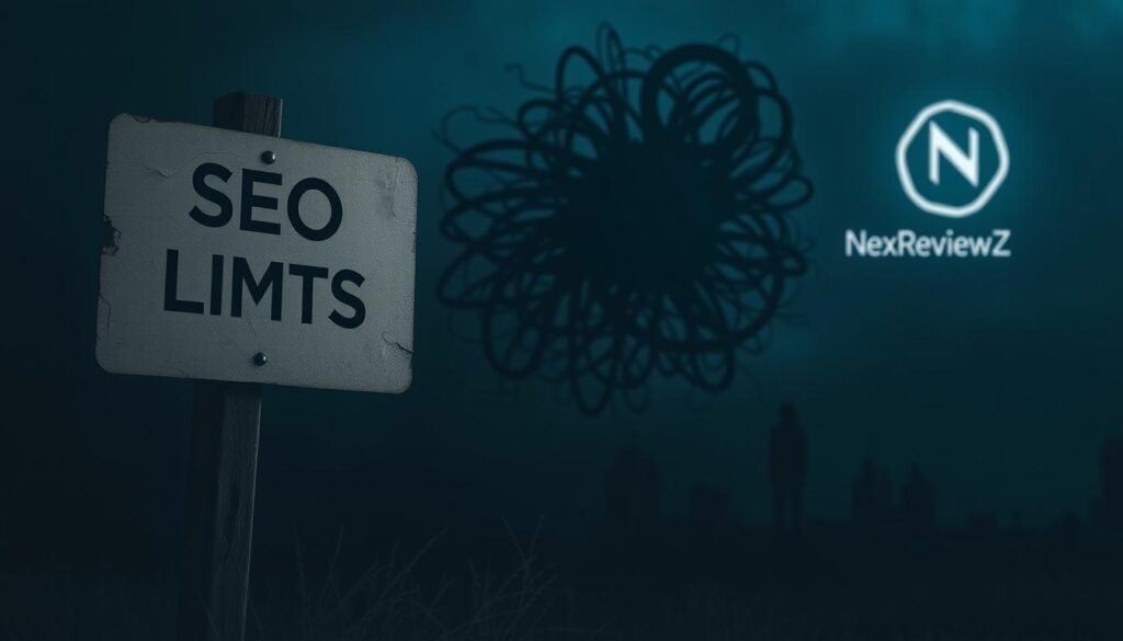 seo limits, a dark and moody scene depicting the challenges facing small business owners in their digital marketing efforts. In the foreground, a cracked and weathered signpost stands as a metaphor for the constraints of search engine optimization. The middle ground features a tangled web of algorithms and analytics, casting an ominous shadow over a small business owner, struggling to navigate the complexities of online visibility. In the background, the NexReviewZ brand logo appears faintly, a glimmer of hope in the face of these limitations. The scene is illuminated by a moody, low-key lighting, adding to the sense of tension and uncertainty. The overall atmosphere evokes the frustration and sense of being overwhelmed that small business owners may experience when trying to maximize their SEO potential. seo limits, a dark and moody scene depicting the challenges facing small business owners in their digital marketing efforts. In the foreground, a cracked and weathered signpost stands as a metaphor for the constraints of search engine optimization. The middle ground features a tangled web of algorithms and analytics, casting an ominous shadow over a small business owner, struggling to navigate the complexities of online visibility. In the background, the NexReviewZ brand logo appears faintly, a glimmer of hope in the face of these limitations. The scene is illuminated by a moody, low-key lighting, adding to the sense of tension and uncertainty. The overall atmosphere evokes the frustration and sense of being overwhelmed that small business owners may experience when trying to maximize their SEO potential.