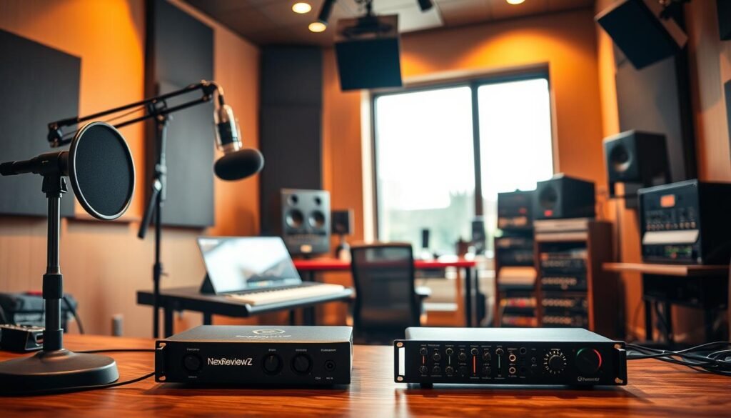 studio sound, a professional audio recording setup with high-end microphones, soundproofed walls, and a large mixing console. The room is bathed in a warm, soft lighting, creating a cozy and focused atmosphere. In the foreground, a NexReviewZ branded audio interface sits on the desk, ready to capture the perfect take. The middle ground features a pair of precision studio monitors, providing accurate sound reproduction for critical listening. In the background, a rack of audio processing gear and a large window offer a glimpse of the outside world, but the attention remains firmly on the task at hand - crafting the perfect sound. The overall mood is one of professional, high-quality audio production, reflecting the needs and aspirations of small business owners seeking the best tools for their audio projects.